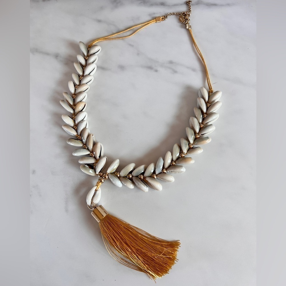 Express Signed Shell and Gold Tassel Necklace Light Color with Gold Tones